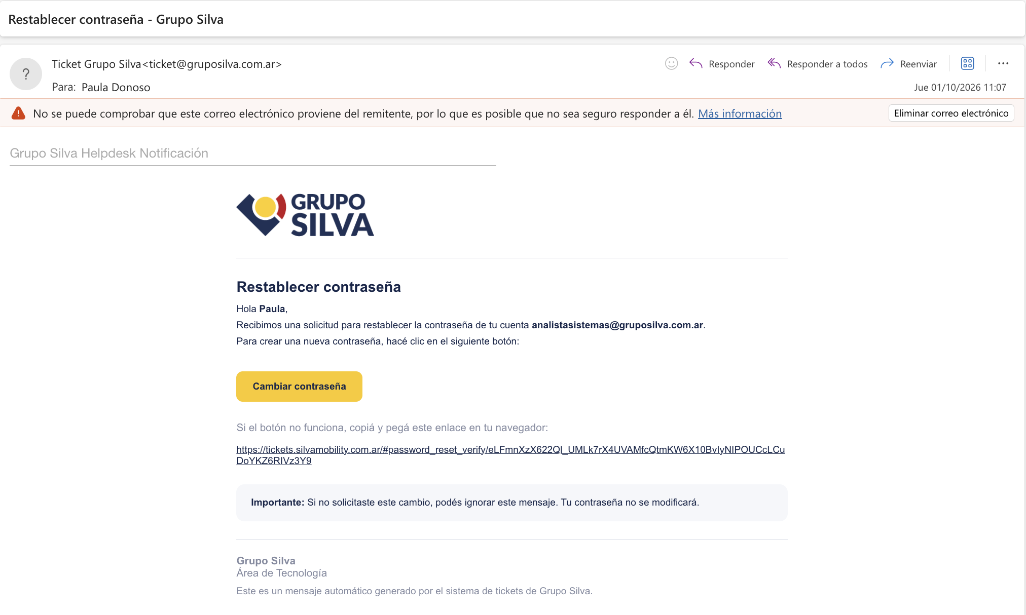 Correo para restablecer la contraseña
